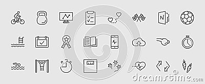 Set of Fitness Vector Line Icons. Contains such Icons as Cycling, Kettlebell Sport, Soccer Ball, Heartbeat, Workout Vector Illustration