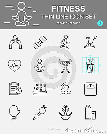 Set of Fitness Vector Line Icons. Includes running, yoga, dumbbell, bottle and more. 50 x 50 Pixel Vector Illustration