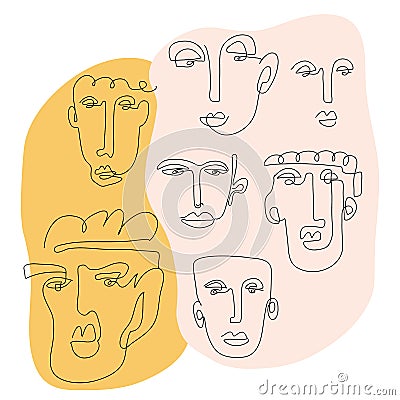 Set of five abstract face one line drawing. Portrait minimalistic style. Fine one line drawing abstract face. One line Vector Illustration