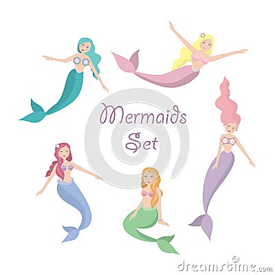 Set of five beautiful different color mermaids. vector illustration Vector Illustration