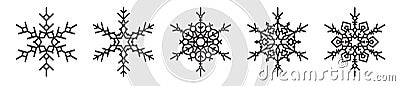 Set of five black stylish winter snowflakes. Christmas, New Year icons silhouettes for your design Vector Illustration