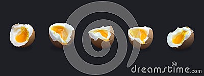 Set of five boiled smash broken hen beige egg isolated on dark blue. Egg`s liquid yolk photo, bright contrast. Stock Photo