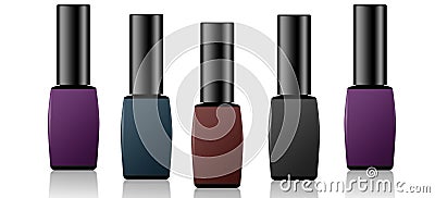 Set of five bottles of nail polish in different colors, illustration of varnishes in violet, brown, black and dark blue colours, Cartoon Illustration