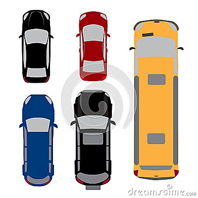 Set of five cars. Coupe, sedan, wagon, SUV, minivan. View from above. illustration Vector Illustration