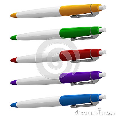 Set of five colored ballpoint pens with buttons and metal clips Vector Illustration