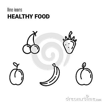 Set of five colorful outline Healthy Food icons, fruits symbols, vector pictograms Vector Illustration