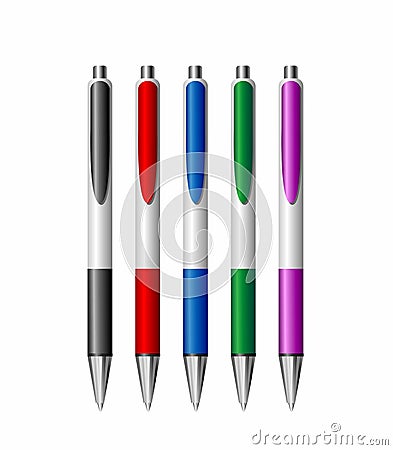 Set of five colorful realistic pens Vector Illustration