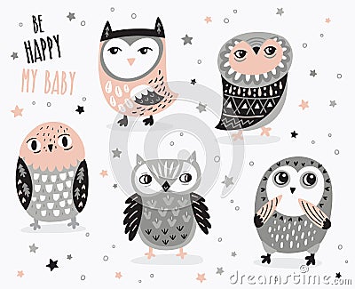 Set of cute cartoon owls with ethnic ornament Vector Illustration