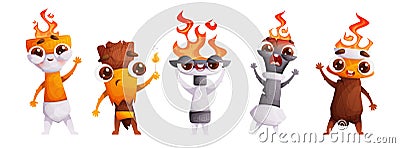 Set of five cute characters Medieval torches with burning flames. Emotional Antique torches of different shapes with Vector Illustration