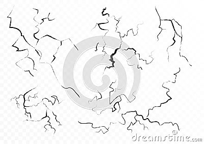 Set of five fractures cracks and clefs isolated in alpha transperant background. Vector Illustration