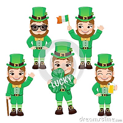 Set of five funny leprechauns in different poses. Saint Patrick s Day vector Vector Illustration