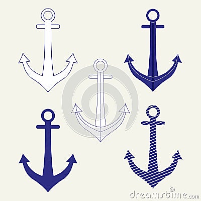 Set of five icons of ship anchors. Isolated vector illustration on gray background. Vector Illustration