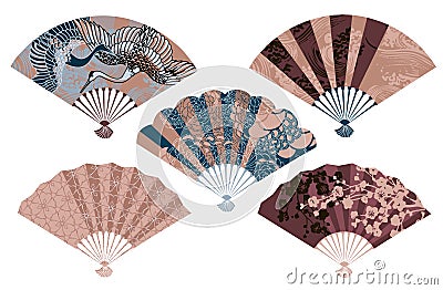 Set of five Japanese fans with different images Stock Photo