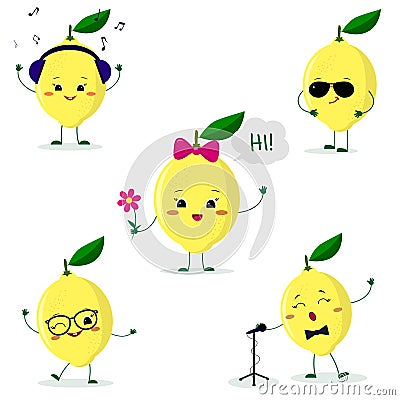 A set of five lemon character in different poses in a cartoon style. Vector Illustration
