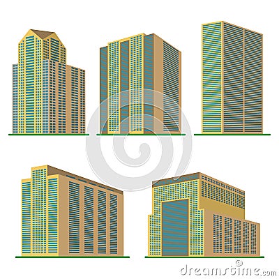 Set of five modern high-rise building on a white background Vector Illustration