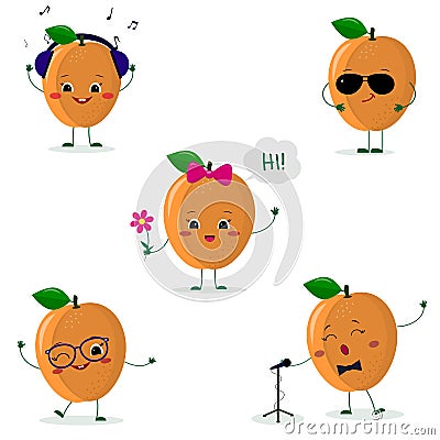 A set of five ripe apricot Smiley in a cartoon style. In headphones, in sunglasses, dancing in glasses , with a flower Vector Illustration