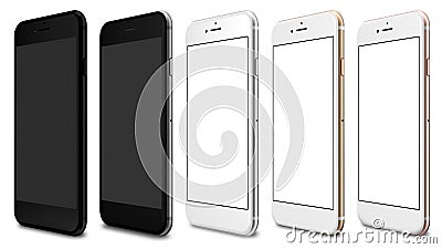 Set of five smartphones gold, rose, silver, black and black polished Stock Photo