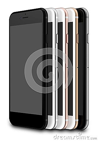 Set of five smartphones gold, rose, silver, black and black polished Stock Photo