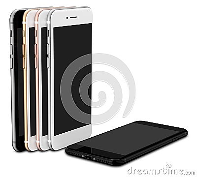 Set of five smartphones gold, rose, silver, black and black polished Stock Photo