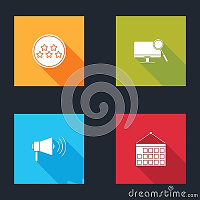 Set Five stars rating review, Computer monitor diagnostics, Megaphone and Calendar icon. Vector Vector Illustration