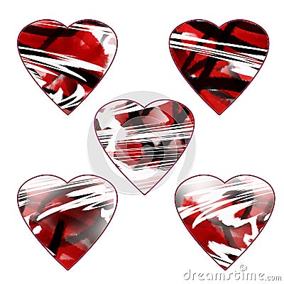 Set of five textured hearts. Red - white - black texture. Elements are isolated on a white background. Stock Photo