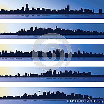 Set of five urban blue silhouettes, city, vector. Vector Illustration