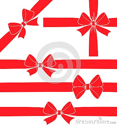 Set of five vector decorative red ribbon bow silhouettes. Vector Illustration