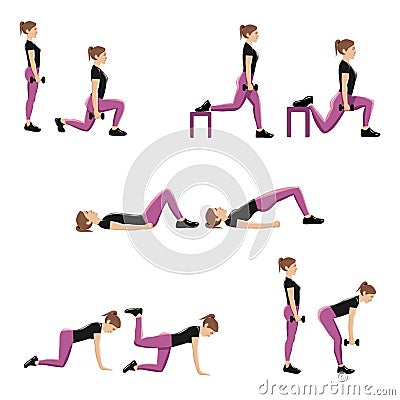 Set of five vector illustrations of glute exercises and workouts. Vector Illustration