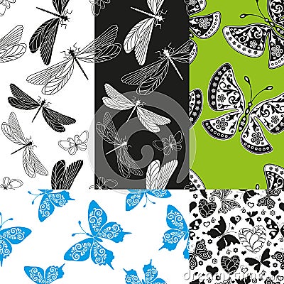 Set of five vector seamless patterns with butterflies Vector Illustration