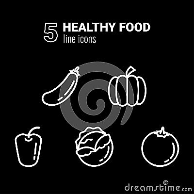 Set of five white outline Healthy Food icons, vegetable symbols, vector pictograms Vector Illustration
