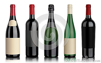 Set of five wine bottles Stock Photo
