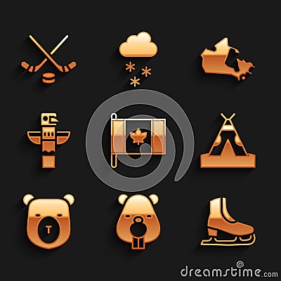 Set Flag of Canada, Beaver animal, Skates, Indian teepee or wigwam, Bear head, Canadian totem pole, map and Ice hockey Vector Illustration