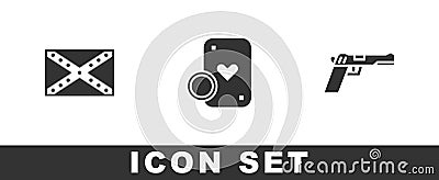 Set Flag Confederate, Casino chip and playing cards and Pistol or gun icon. Vector Stock Photo