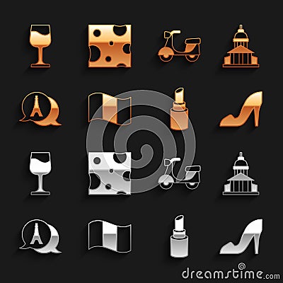 Set Flag France, Museum building, Woman shoe, Lipstick, Eiffel tower, Scooter, Wine glass and Cheese icon. Vector Vector Illustration