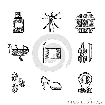Set Flag Italy, Woman shoe, Location flag, Violin, Coffee beans, Gondola, Barrel for wine and Perfume icon. Vector Vector Illustration