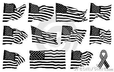 Set of flags of the United States of America, Collection of waving flag silhouettes in the wind Vector Illustration