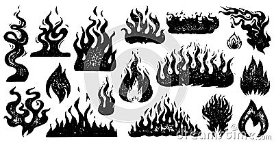 Set of flame and fire in vintage style. Hand drawn engraved monochrome bonfire sketch. Vector illustration for posters Vector Illustration