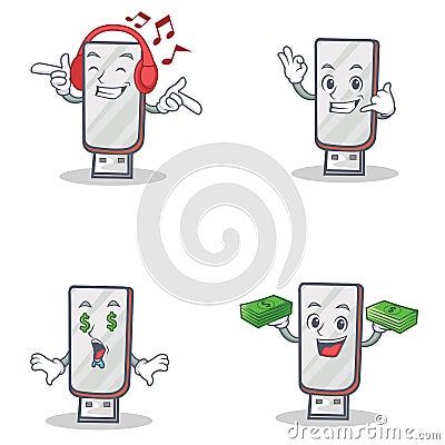 Set of flashdisk character with listening music call me money eye Vector Illustration