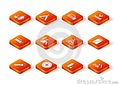 Set Flashlight, Compass, Tourist tent, Thermos container, Wooden axe and wood and Open matchbox matches icon. Vector Vector Illustration