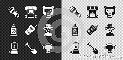 Set Flashlight, Hiking backpack, Monkey, Camping lantern, Shovel, African buffalo head, Spray against insects and Walkie Vector Illustration