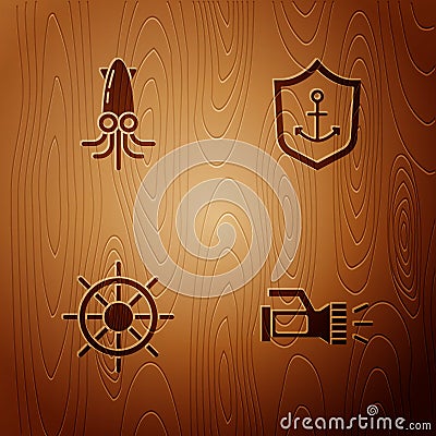 Set Flashlight, Octopus, Ship steering wheel and Anchor inside shield on wooden background. Vector Vector Illustration