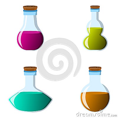 Set of flask and bottle icon. Label of fantasy potion and elixir Vector Illustration