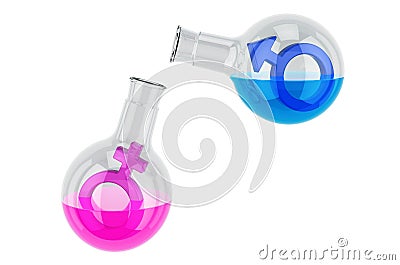 Set of flasks with female and male gender symbols inside. Chemistry of love concept. 3D rendering Stock Photo