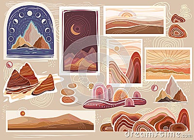 Set of Flat of Abstract Minimalist Landscapes, mountains, hill Vector Illustration