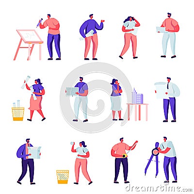Set of Flat Building, Design and Engineering Workers Characters. Cartoon People Architects, Graphic Designers Vector Illustration
