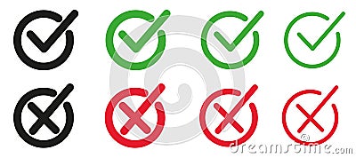 Set of flat buttons. Green ticks and red crosses. Circle and different thickness of lines. Vector graphics Vector Illustration