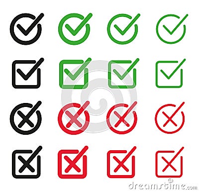 Set of flat buttons. Green ticks and red crosses. Circle and square and different thickness of lines. Vector graphics Vector Illustration