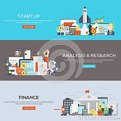 Set of flat color design web banners for Startup, Analysis Vector Illustration