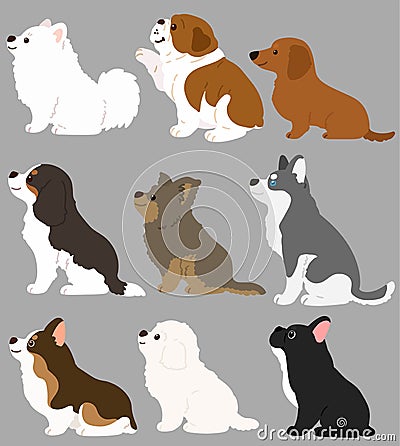 Set of flat colored cute and simple dogs sitting in side view Vector Illustration