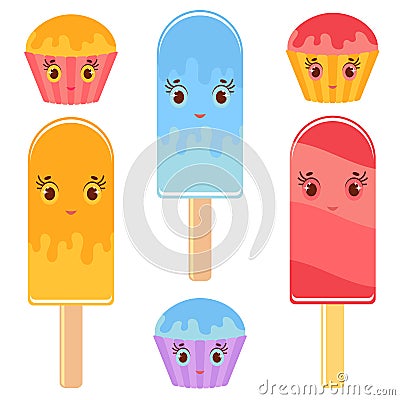 Set of flat colored isolated cartoon cakes drizzled a glaze of orange, red, blue. The striped baskets. Set of cute ice-cream on a Vector Illustration